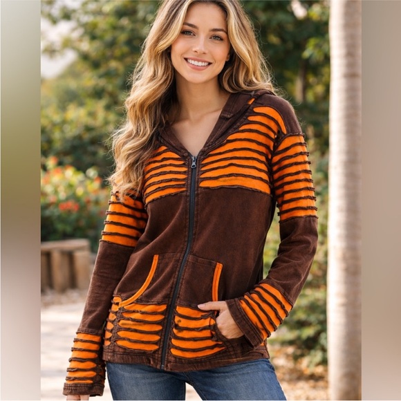 India Boutique Tops - India Boutique Razor Cut Festival Trance Hippie Hooded Zip Up Sweater